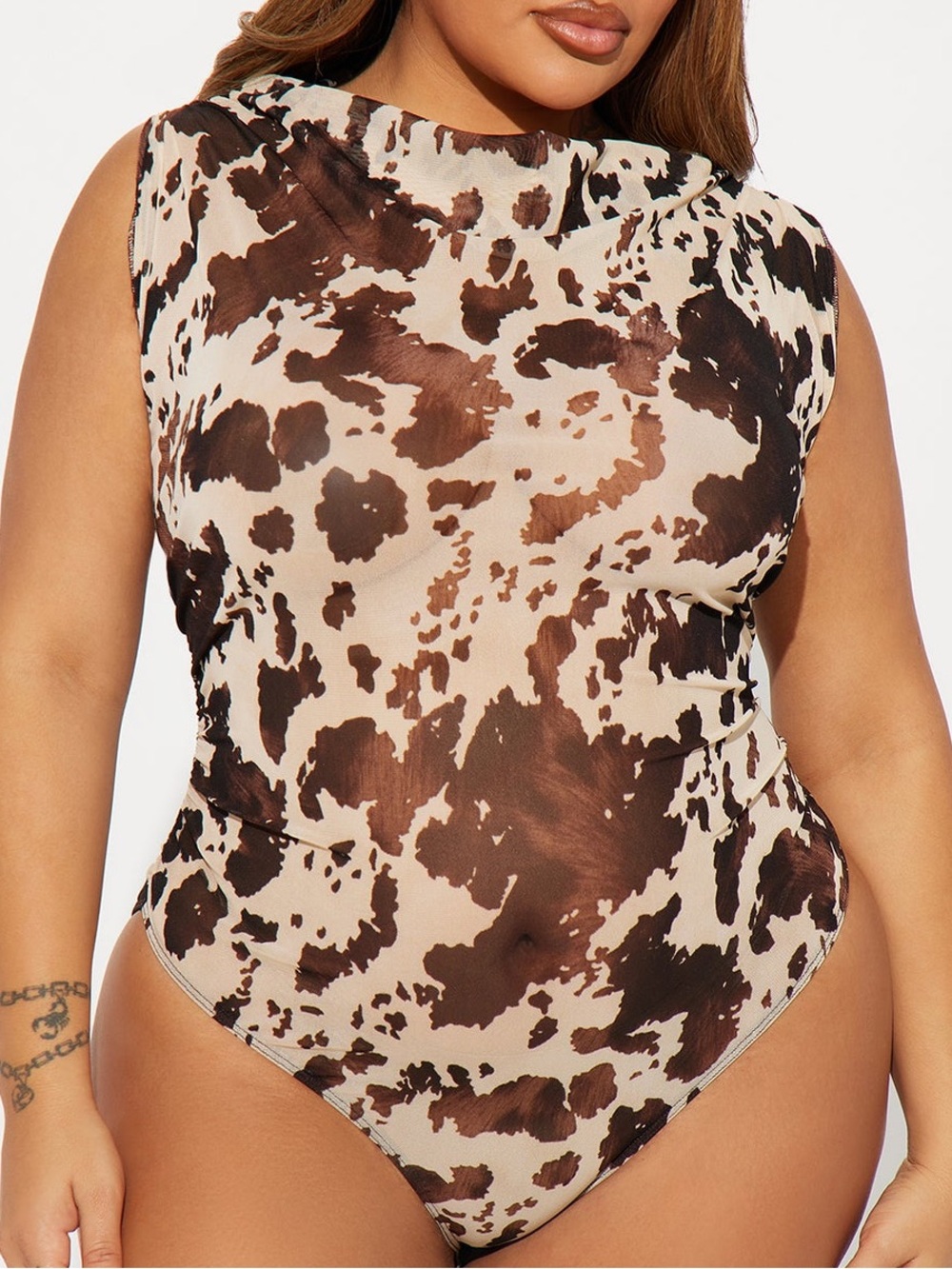 Fashion Nova Cow Print Sleeveless Mesh Bodysuit Brown/Beige Size 2X